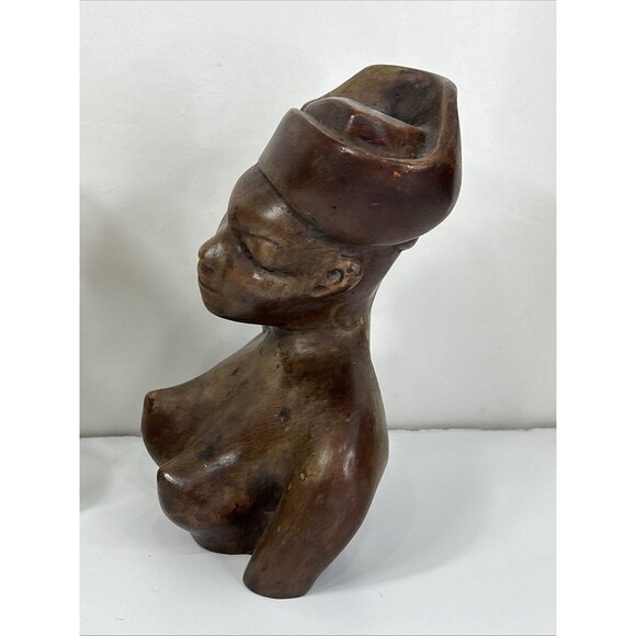 Pair Hand Carved African Tribal Wood Bust Man Woman Sculpture Folk Art Smooth - Picture 5 of 10